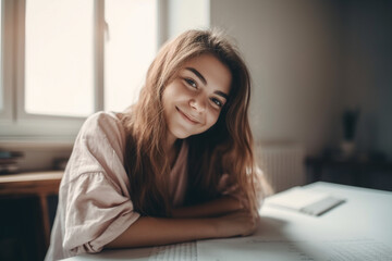 Obraz premium young adult attractive woman or teenager sitting at a desk with paper and pen. Generative AI