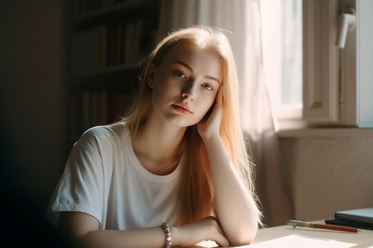 young adult attractive woman or teenager sitting at a desk with paper and pen. Generative AI