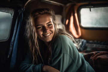 young adult attractive woman sitting in caravan on travel, fictional location. Generative AI - obrazy, fototapety, plakaty