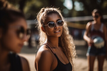 natural attractive beautiful young adult woman playing volleyball. Generative AI