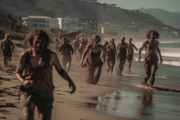 abstract zombies running on the beach. Generative AI - obrazy, fototapety, plakaty