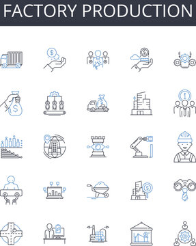 Factory Production Line Icons Collection. Office, Warehouse, Showroom, Workshop, Plant, Headquarters, Storefront Vector And Linear Illustration. Lobby,Conference Room,Breakroom Outline Signs Set