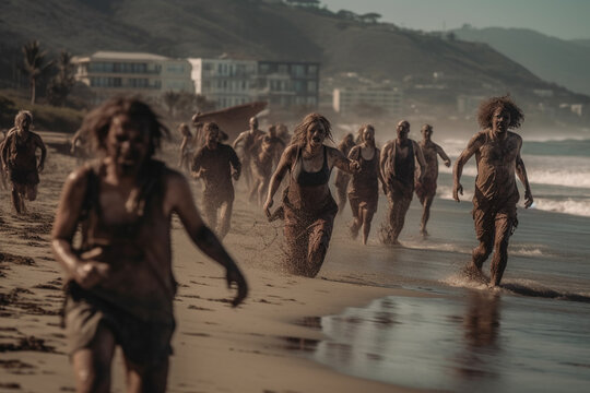 abstract zombies running on the beach. Generative AI