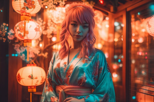 Full Body Torso Of Beautiful Smiling Woman Cosplay Anime Style, Beautiful Feminine Pose Anime Aesthetic With Bokeh And Neon. Generative AI