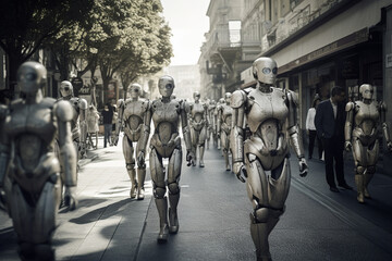 masses of robots on the street in a city, fictional place, humanoid android robots with artificial intelligence. Generative AI