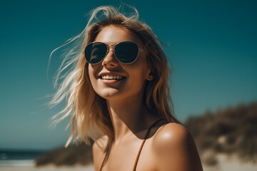 young adult woman blonde on the beach in bikini, fictitious location. Generative AI