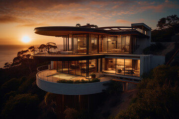 Fototapeta premium Residence on a cliff overlooking the ocean. Generative AI