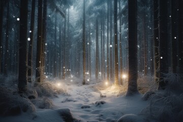 Snowy forest with tall trees covered in snow. In the center of the image, there's a small clearing. A magical atmosphere, feel like they're in a winter wonderland. Generative AI