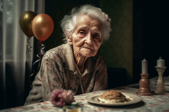 a sad or depressed or angry grandma, old woman on her birthday, on a chair at a table with a birthday cake, fictional person in fictional place. Generative AI