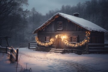 A snowy landscape with a cozy cabin in the distance. The cabin has smoke coming from its chimney, and there's a wreath on the door. Generative AI
