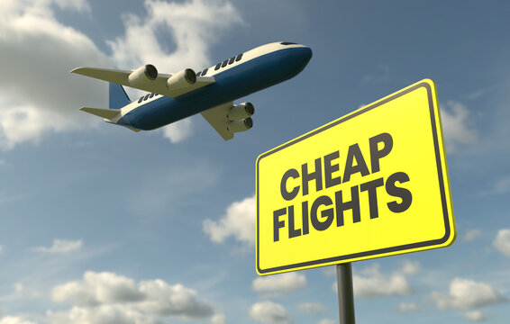 Cheap Flights sign with airplane in the sky 3D render