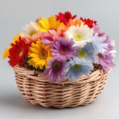 Colorful daisies in a woven basket. Mother's Day Flowers Design concept.