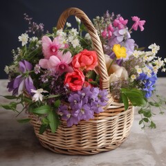 Cottage garden flowers in a woven basket. Mother's Day Flowers Design concept.