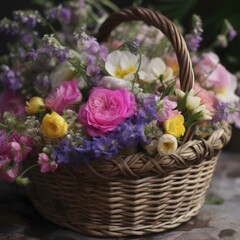 Cottage garden flowers in a woven basket. Mother's Day Flowers Design concept.