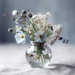 Delicate wildflowers in a small vase. Mother's Day Flowers Design concept.