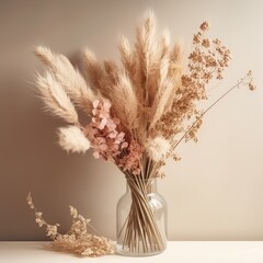 Dried flower bouquet with pampas grass and wheat. Mother's Day Flowers Design concept.