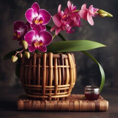 Exotic orchids and bamboo in a bamboo vase. Mother's Day Flowers Design concept.