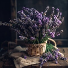 Fragrant lavender in a rustic bouquet. Mother's Day Flowers Design concept.