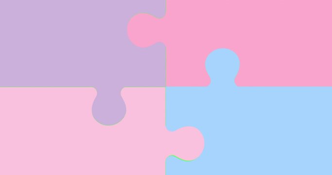 Simple puzzle animation on green background. the four pieces of the puzzle come together and then diverge.