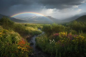 An animated landscape of rolling hills and lush meadows, dotted with vibrant wildflowers and a winding river, stretches out before you. On the horizon, a vivid rainbow arcs over a distant mountai