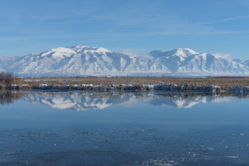 Snowy Mountain Range Reflection over a lake
