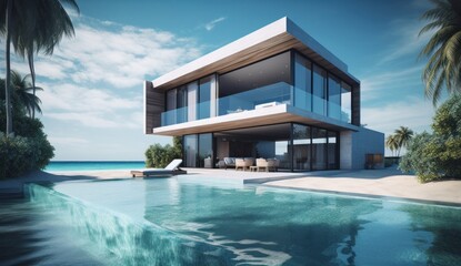 Fototapeta na wymiar Design house - modern villa with open plan living and private bedroom wing. Large terrace with privacy and, swimming pool. Generative AI.