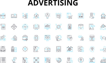Advertising linear icons set. Promote, Branding, Campaigns, Media, Awareness, Exposure, Marketing vector symbols and line concept signs. Messaging,Publicity,Creative illustration