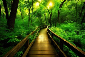 serene wooden path winding through a lush green forest. Generative AI