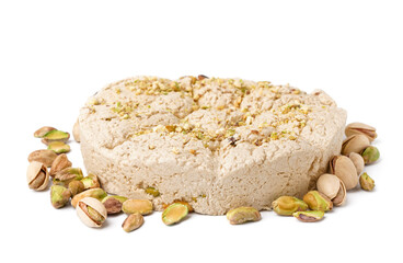 Tasty Tahini halva with pistachios on white background