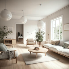 Naklejka na ściany i meble Living room . Interior with house background. Modern interior design. 3D Render