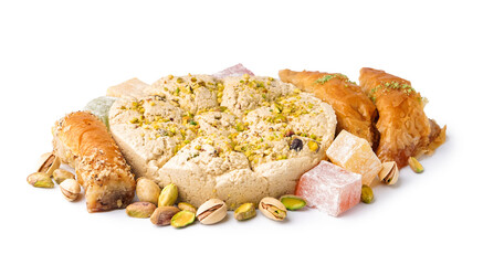 Tasty Tahini halva with pistachios, Turkish delight and baklava on white background