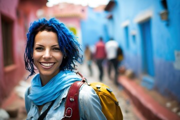 Young tourist woman walking through the blue city in Morocco, smiling at camera. Ai generated.