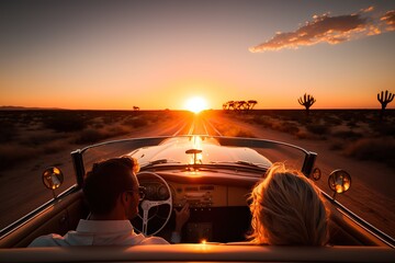 Young couple in love drive a luxury convertible at dusk on their expensive vacation. Ai generated.