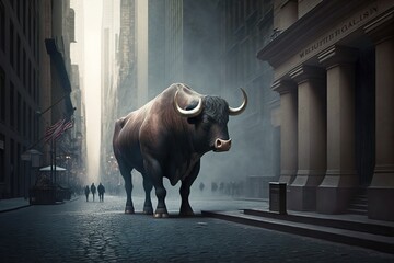 : A bull rides through the streets of wall street, stock market, illustration.  Ai generated.