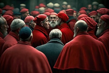 Meeting of Catholic priests, bishops and cardinals in Rome. Ai generated.