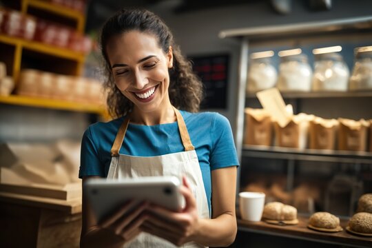 Smiling businesswoman using a tablet in her retail store, supermarket.. Ai generated.
