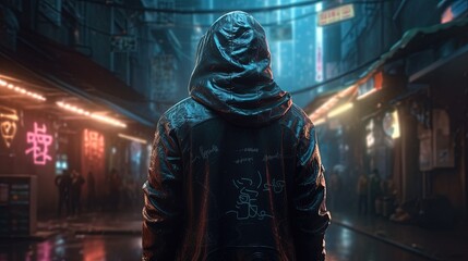 Fototapeta na wymiar cyberpunk player hooded, digital art illustration, Generative AI