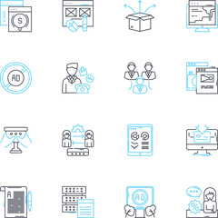 Virtual communication linear icons set. Teleconferencing, Video chat, Online meetings, Webinar, Remote collaboration, Instant messaging, Screen sharing line vector and concept signs. Virtual events,E