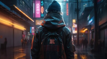 Obraz premium cyberpunk player hooded, digital art illustration, Generative AI