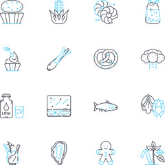 Culinary industry linear icons set. Ingredients, Cuisine, Flavors, Recipes, Gourmet, Cooking, Pastry line vector and concept signs. Plating,Presentation,Fusion outline illustrations