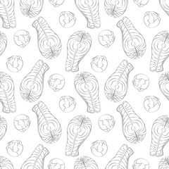 Seamless pattern of Outline drawing of salmon steak and head of brussels sprouts. Healthy eating day