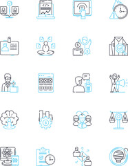 Job evaluation linear icons set. Compensation, Appraisal, Salary, Analysis, Ranking, Grades, Classification line vector and concept signs. Benchmarking,Grading,Job grading outline illustrations