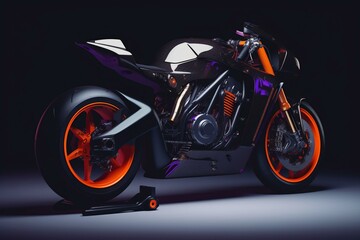 A high-tech motorbike with purple and orange accents. Set against a plain grey background. Generative AI