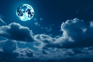 Naklejka na ściany i meble Serene backdrop of a blue night sky adorned with moon, stars, clouds and a radiant horizon - courtesy of NASA. Generative AI
