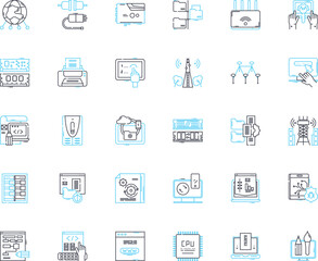 Electronic equipment linear icons set. Gadgets, Devices, Technology, Automation, Compnts, Cybersecurity, Robotics line vector and concept signs. Digital,Innovations,Circuitry outline illustrations