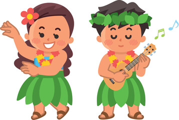 ハワイの子供　ウクレレを弾く男の子　フラダンスを踊る女の子