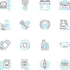 Automobile Servicing linear icons set. Maintenance, Repairs, Servicing, Oil changes, Brakes, Tires, Alignment line vector and concept signs. Suspension,Transmission,Engine outline illustrations
