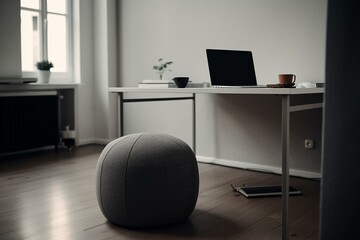 Minimalist home office with a pouf. Generative AI