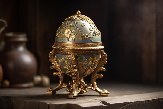 Richly decorated Faberge egg on a historical, rustic table. Generative AI