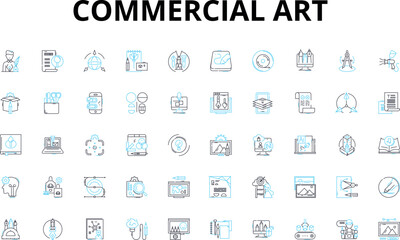 Commercial art linear icons set. Aesthetics, Creativity, Design, Graphics, Imagery, Advertising, Branding vector symbols and line concept signs. Visuals,Typography,Illustration illustration